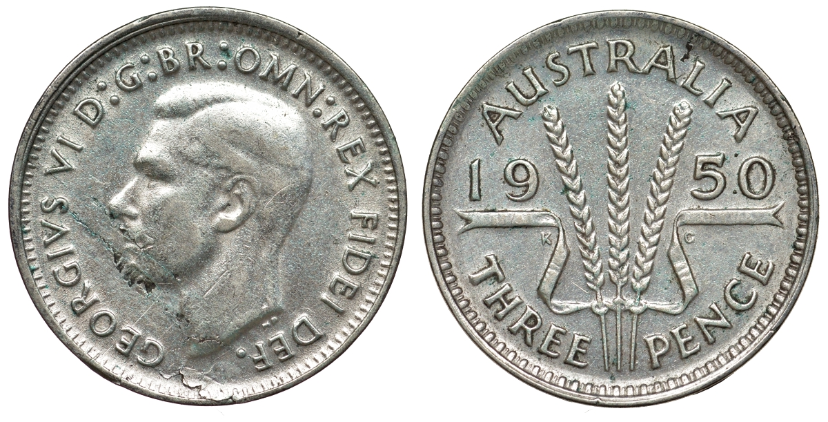 Австралия 3 пенса 1950 m, Георг VI (1937-1952), без букв KM 44 серебро 71-245