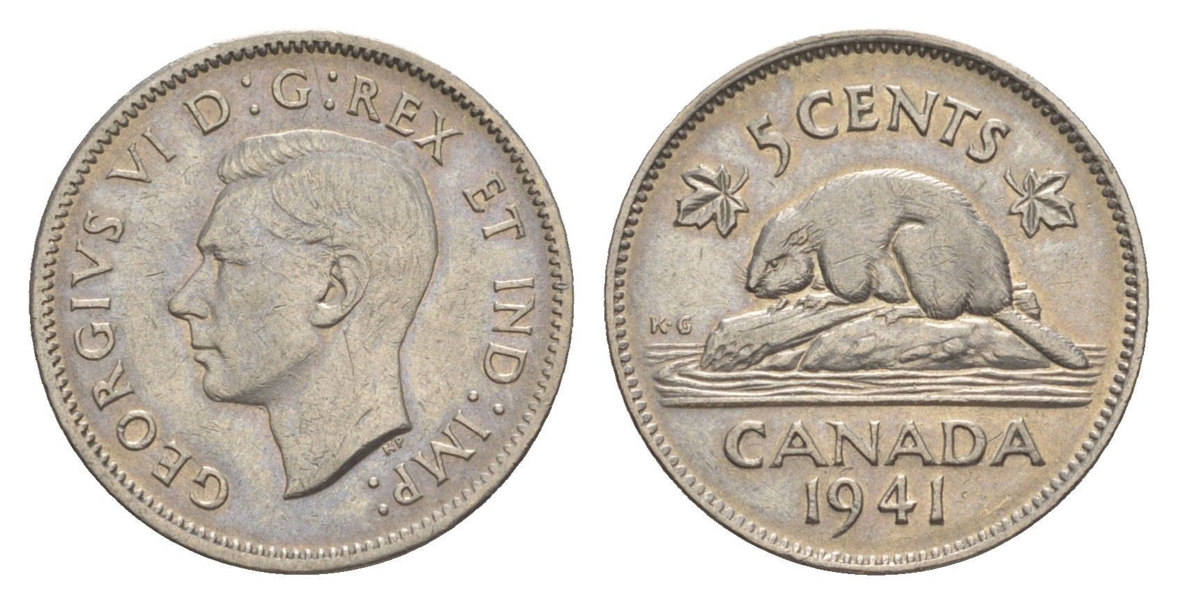 Канада 5 центов 1941 бобр, Георг VI (1936-1952) KM 33 никель 4643-313