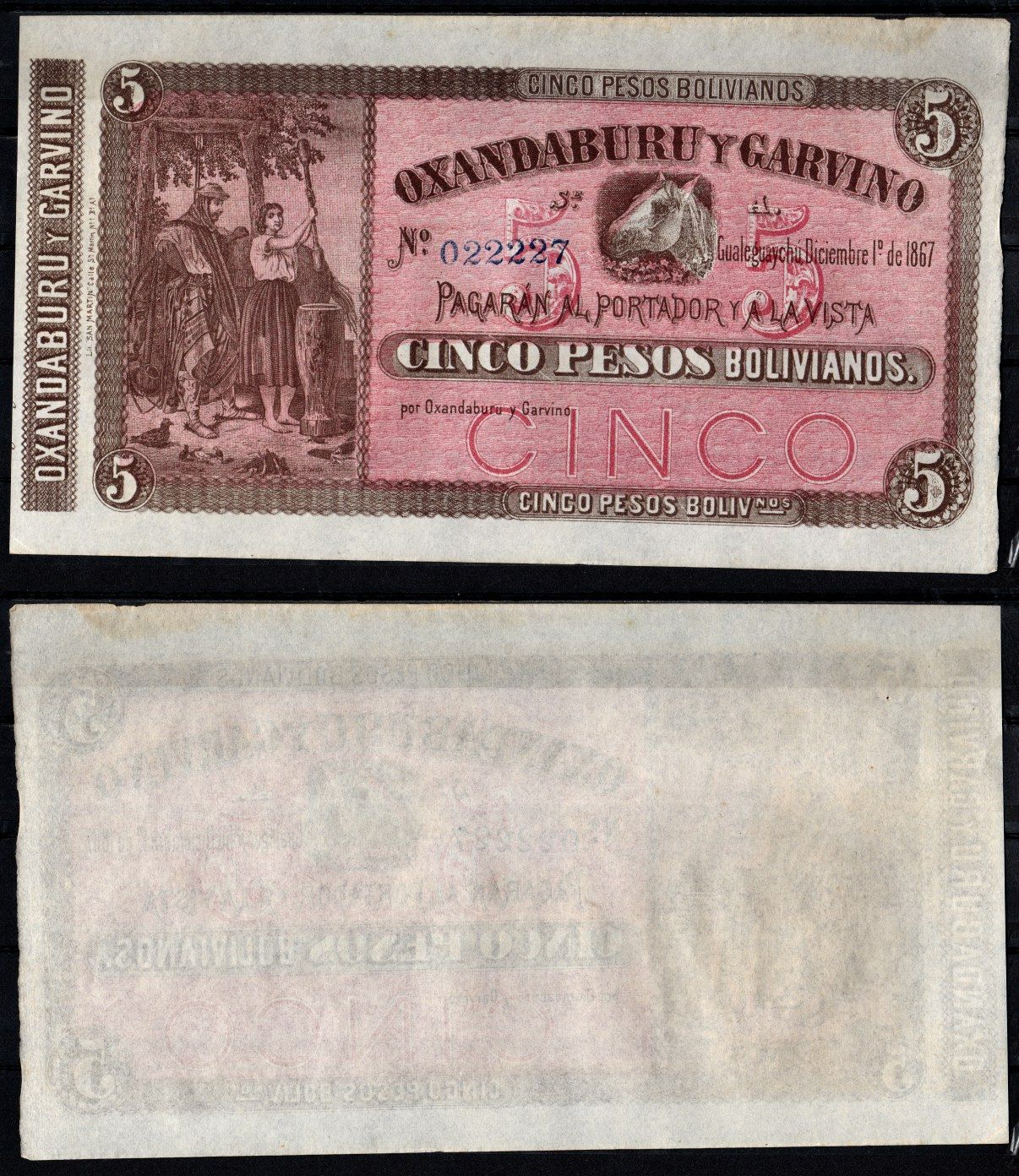 Аргентина 5 песо 1867 Девушка, гаучо, лошадь Pick S1776 бумага 451-1259-2