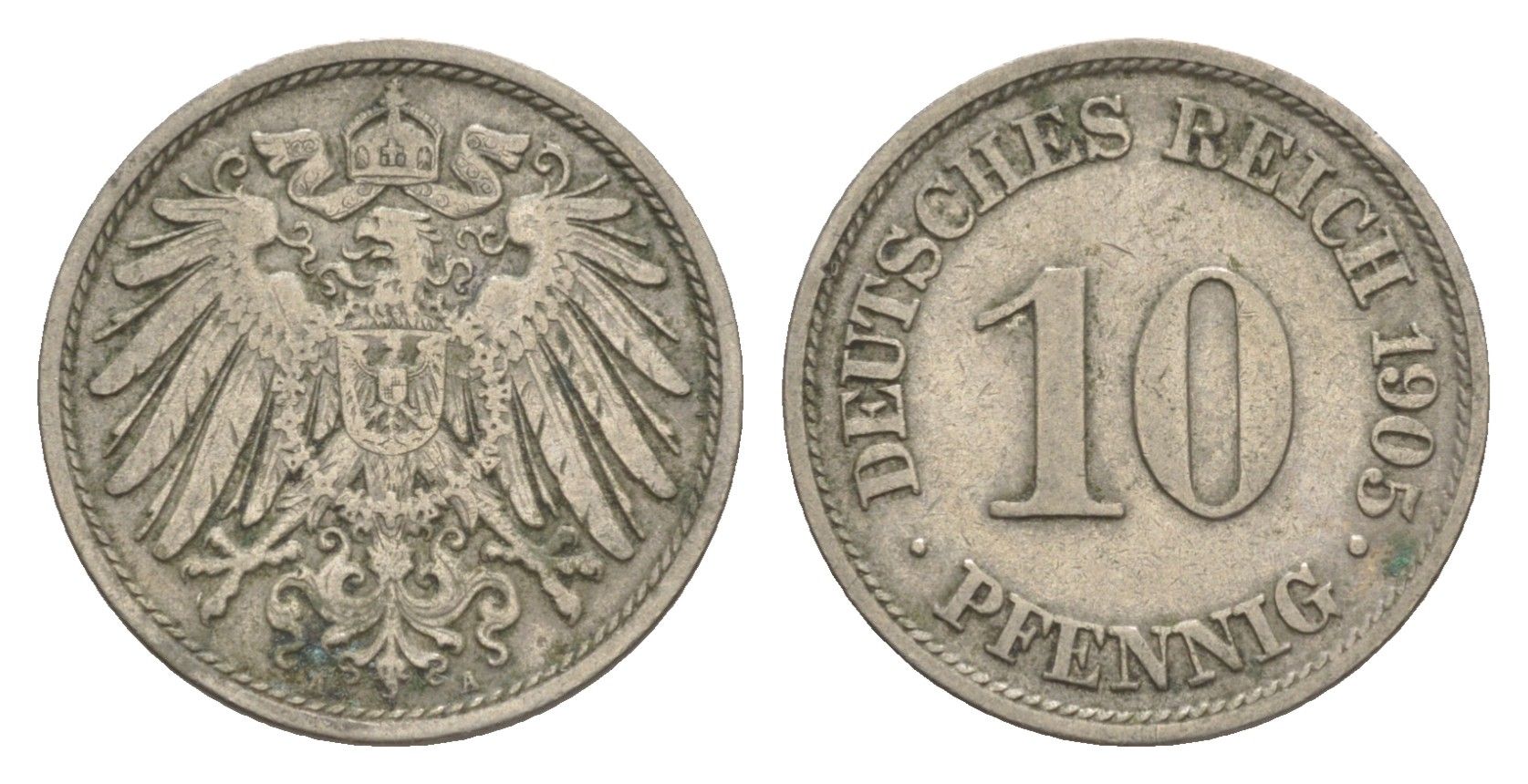 Германия 10 пфеннигов 1905 A, Вильгельм II (1888-1918) KM 12, J. 13 медно-никель 4644-1158