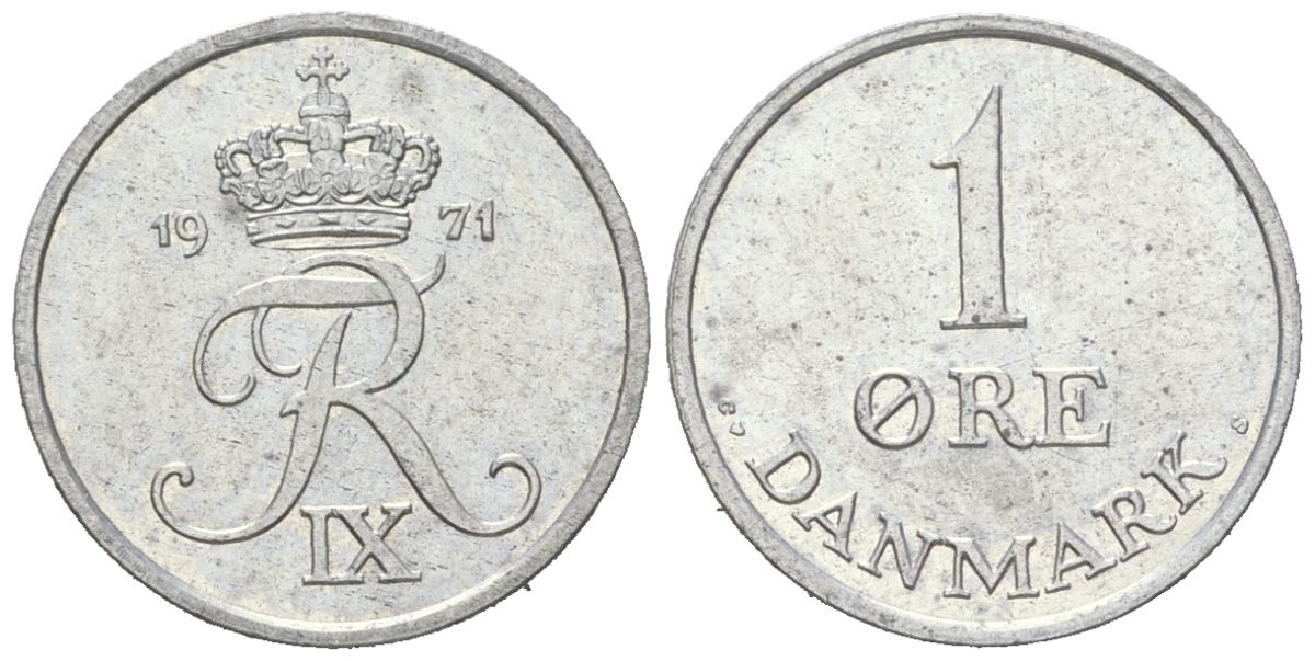 Дания 1 эре 1971 C; S, Фредерик IX (1947-1972) KM 839.2 цинк aUNC 3955-465