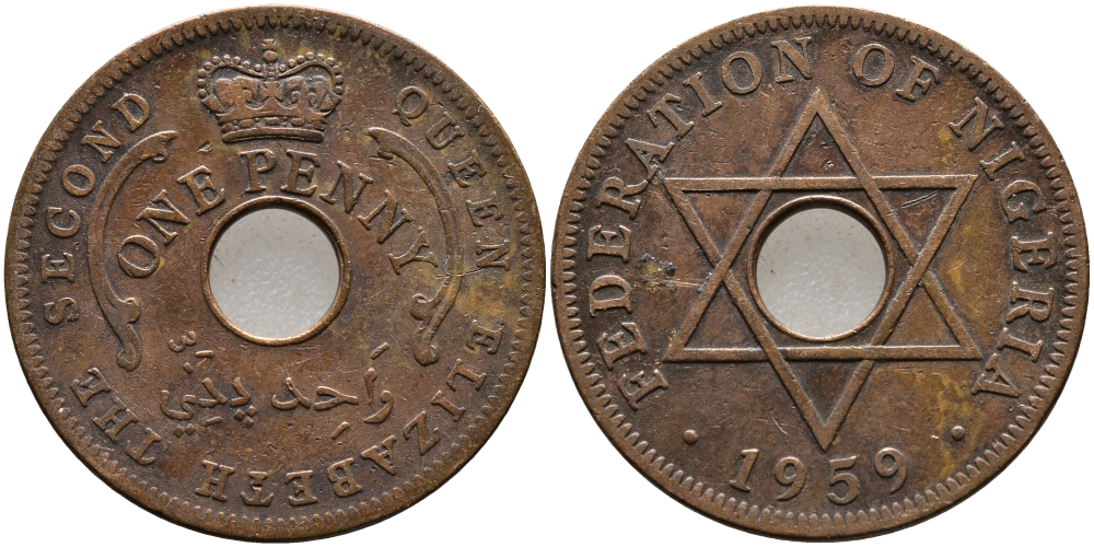 Нигерия 1 пенни 1959 Елизавета II (1952-), Британский протекторат KM 2 бронза 51-2941