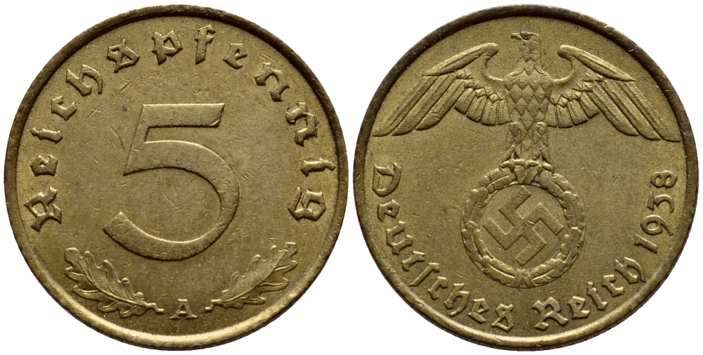 ГЕРМАНИЯ 5 РЕЙХСПФЕННИГОВ 1938 A, КМ 91, J.363 алюминиевая бронза 4387-864
