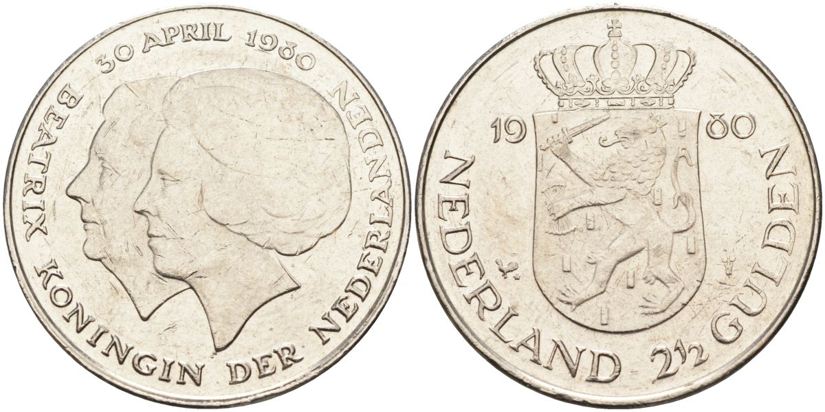 Нидерланды 2 1/2 гульдена 1980 коронация Беатрикс, 30 апреля 1980 KM 201 никель 4593-623