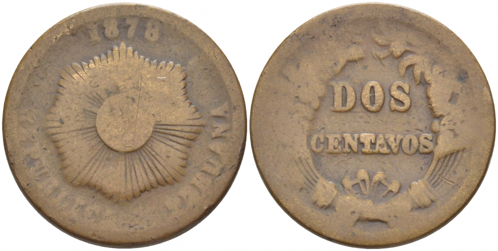 ПЕРУ 2 СЕНТАВО 1878 KM 188.1а бронза 216-955