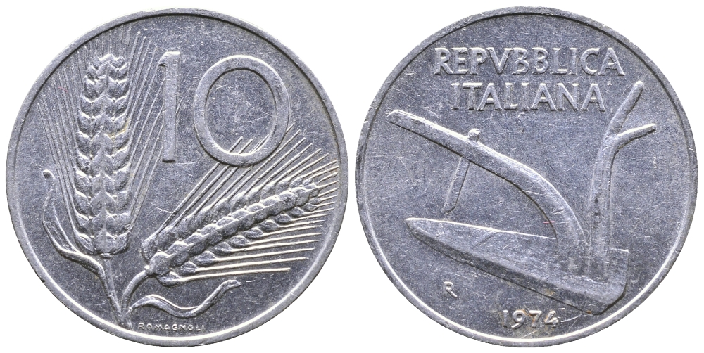 ИТАЛИЯ 10 ЛИР 1974 R. ПЛУГ KM 93 алюминий 51-2933