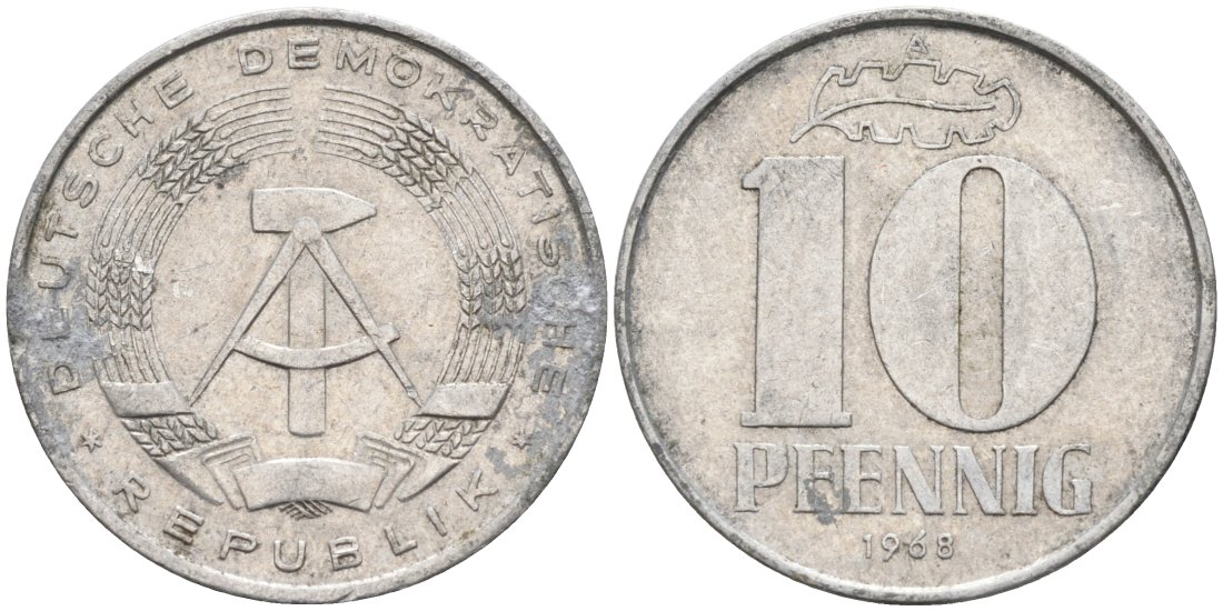ГДР 10 пфеннигов 1968 А KM 10 алюминий 4571-653