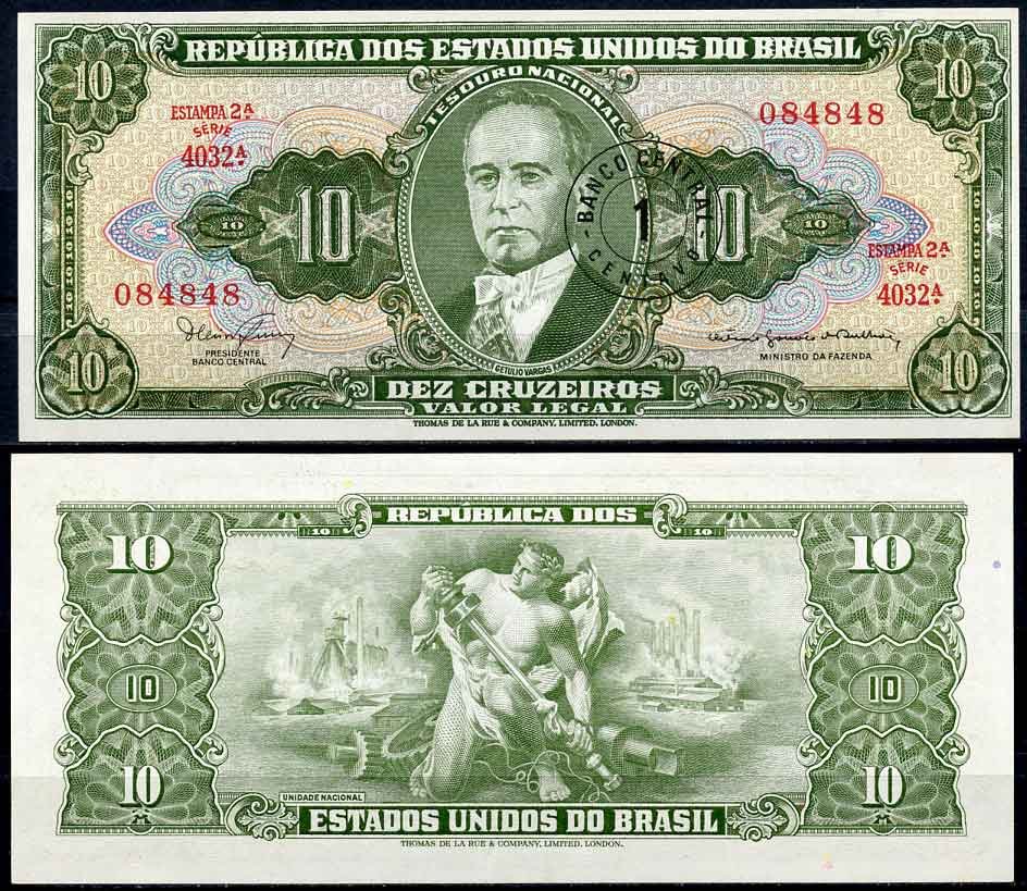Бразилия 1 сентаво 1967 надпечатка на 10 крузейро, серия 4032, Estampa 2A, Жетулиу Варгас Pick 183 b бумага UNC (пресс) 2196-39-3-2