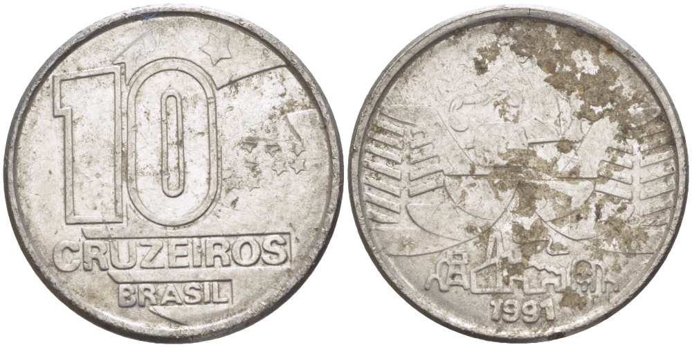 Бразилия 10 крузейро 1990 золотодобыча KM 619.1 нержавеющая сталь 4178-622