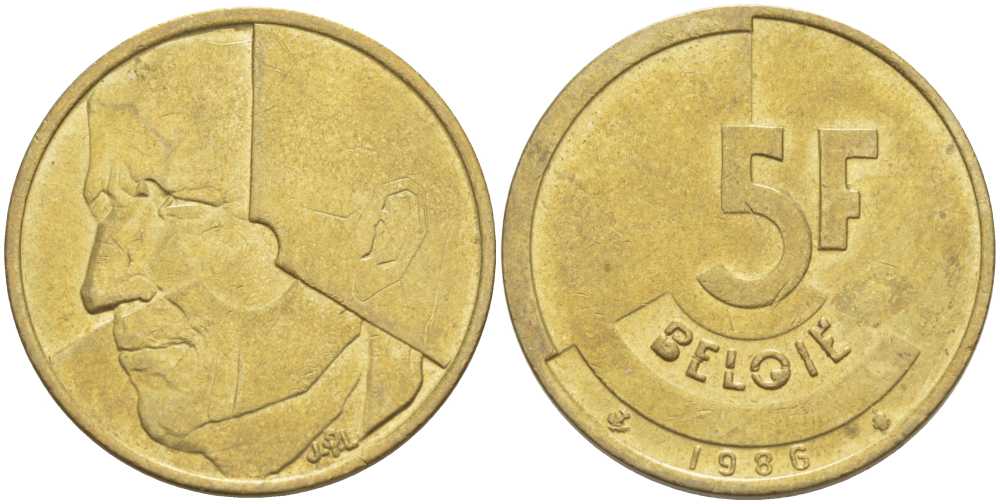 БЕЛЬГИЯ 5 ФРАНКОВ 1986 BELGIE, БОДУЭН I (1951-1993) KM 164 латунь или алюминиевая бронза 4364-1552