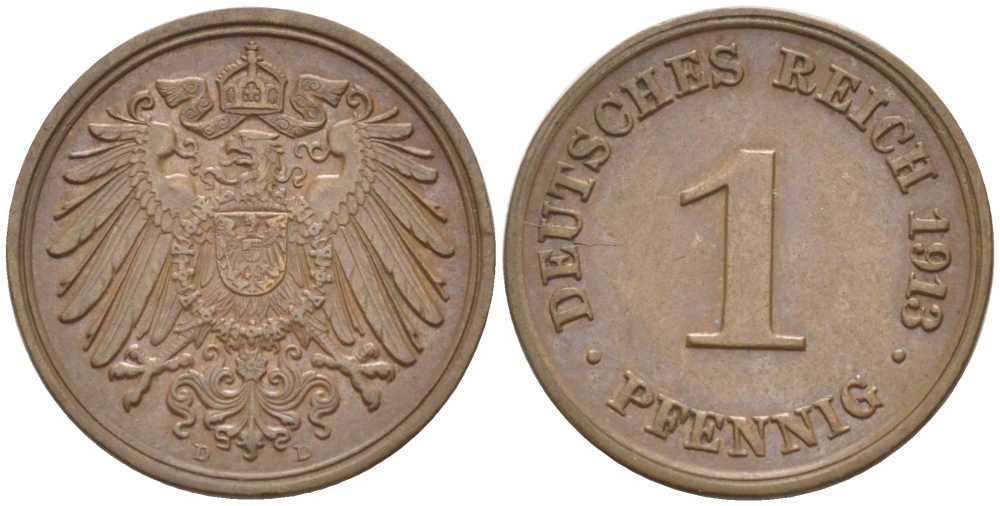 ГЕРМАНИЯ 1 ПФЕННИГ 1913 D KM 10, J. 10, Weege 2 медь 211-466