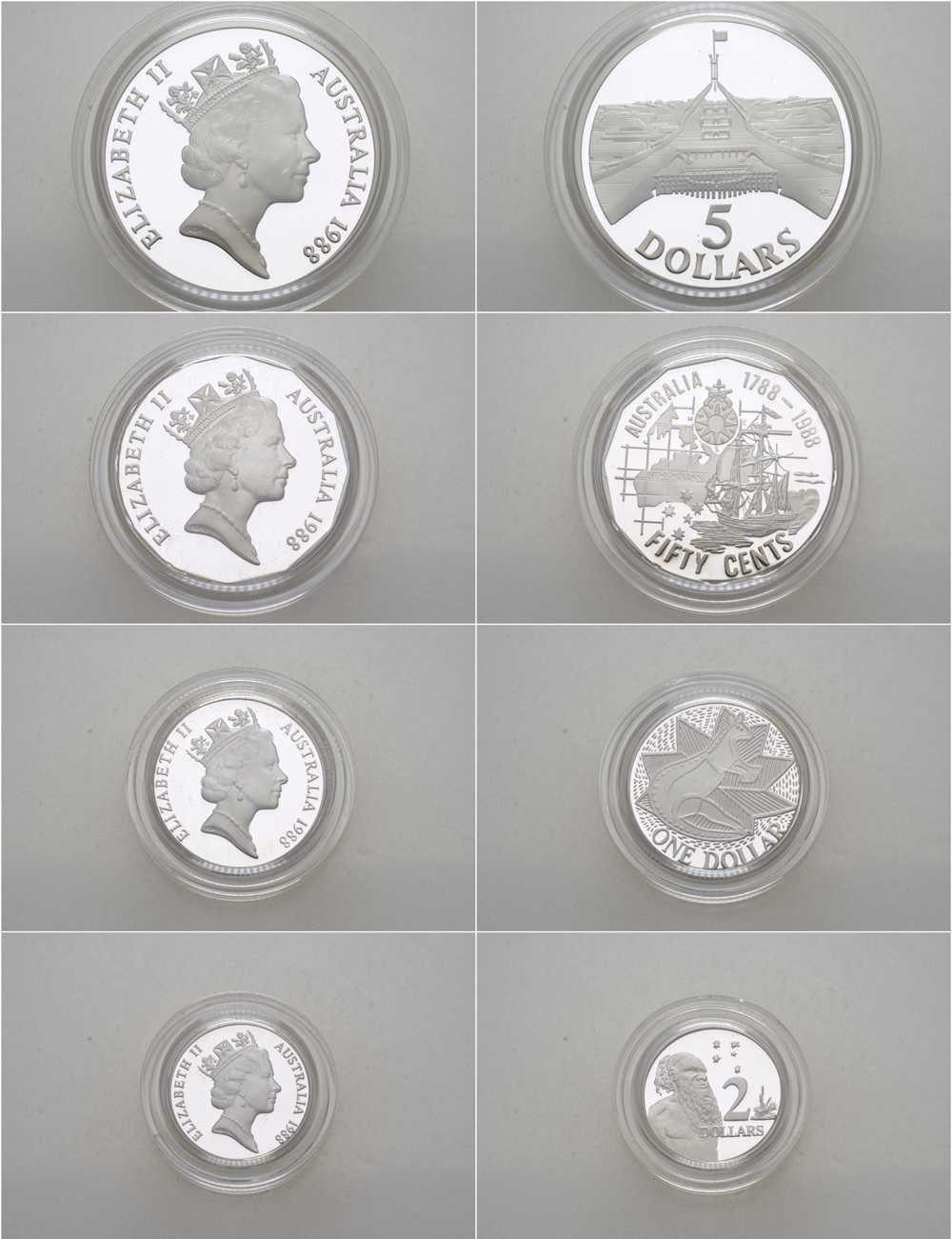 Австралия набор из 4 монет 1988 50 центов, 1, 2, 5 долларов, в оригинальной коробке, с сертификатом KM PS 56 (99а, 100а, 101а, 102а) серебро PROOF 7-5-1-19
