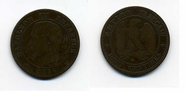 ФРАНЦИЯ 2 САНТИМА 1856 W KM 776.7 бронза 37-231