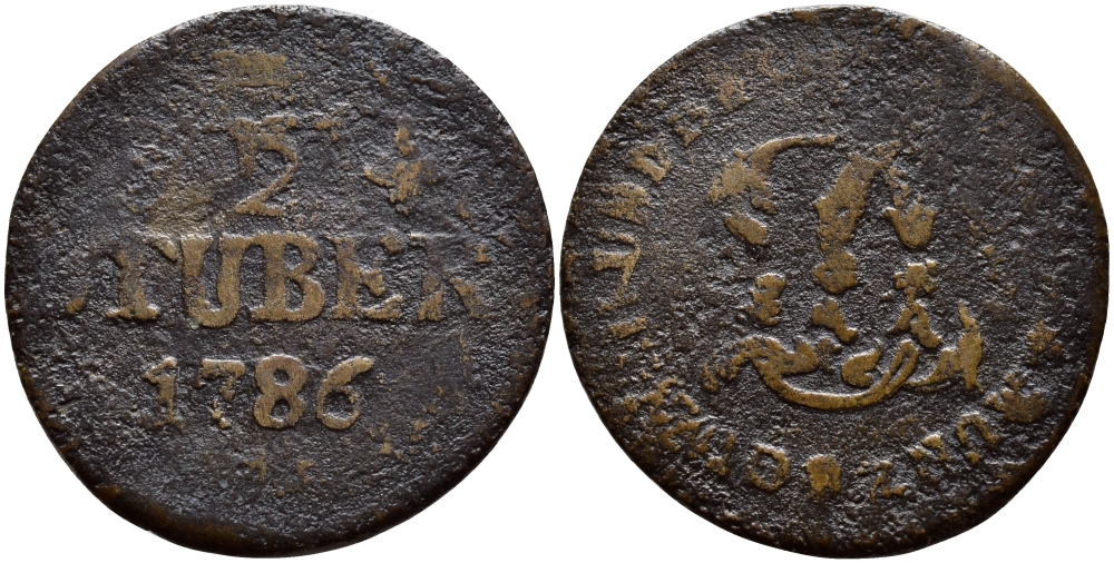 Юлих-Берг 1/2 штюбера 1786 PR KM 206 медь 560-1647