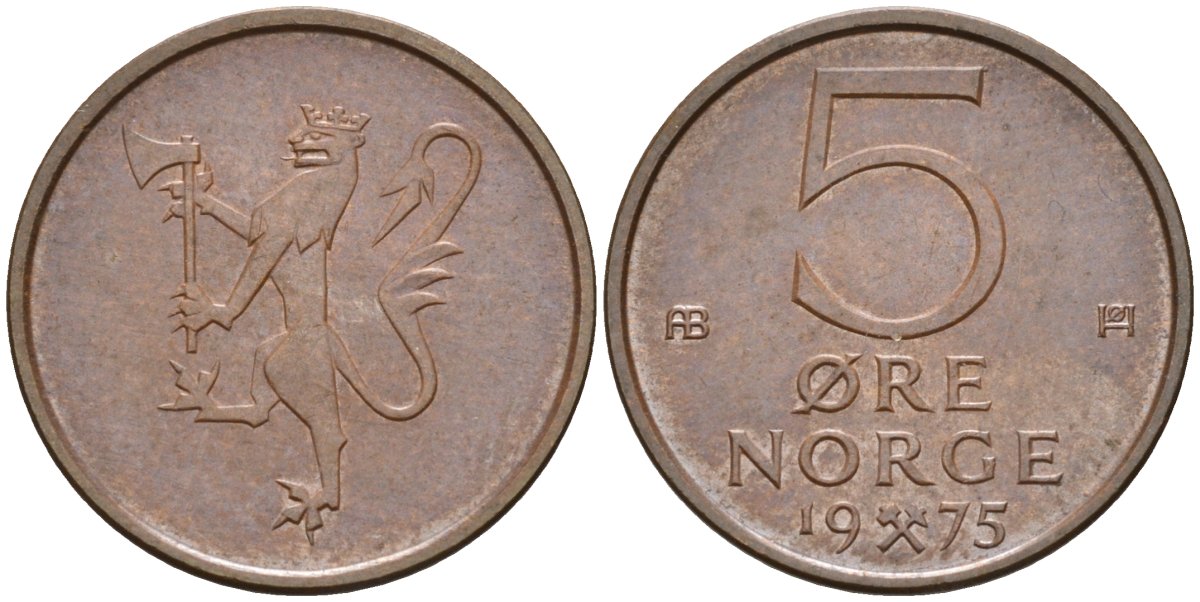 Норвегия 5 эре 1975 Улаф V (1958-1991) KM 415 бронза UNC 4582-542