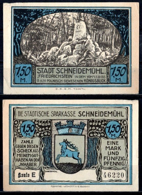 Шнейдемюль (Позен) 1,5 марки 1922 Mehl Grabowski 1191.1b-5/5 бумага UNC (пресс) 7553-23-3-1