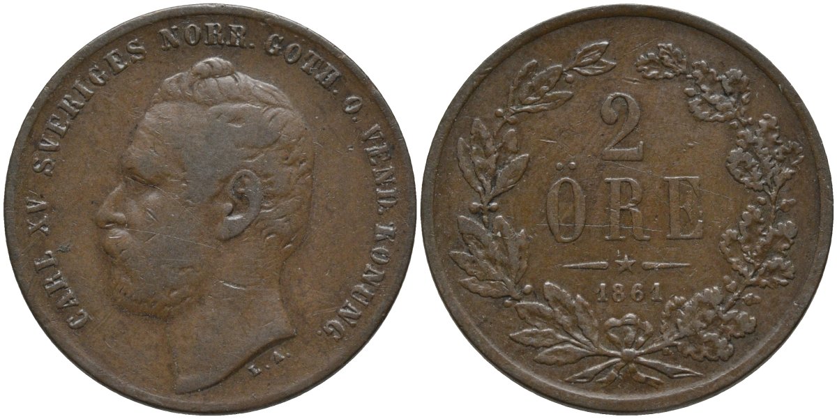 Швеция 2 эре 1861 Карл XV (1859-1872) KM 706 бронза 190-1031
