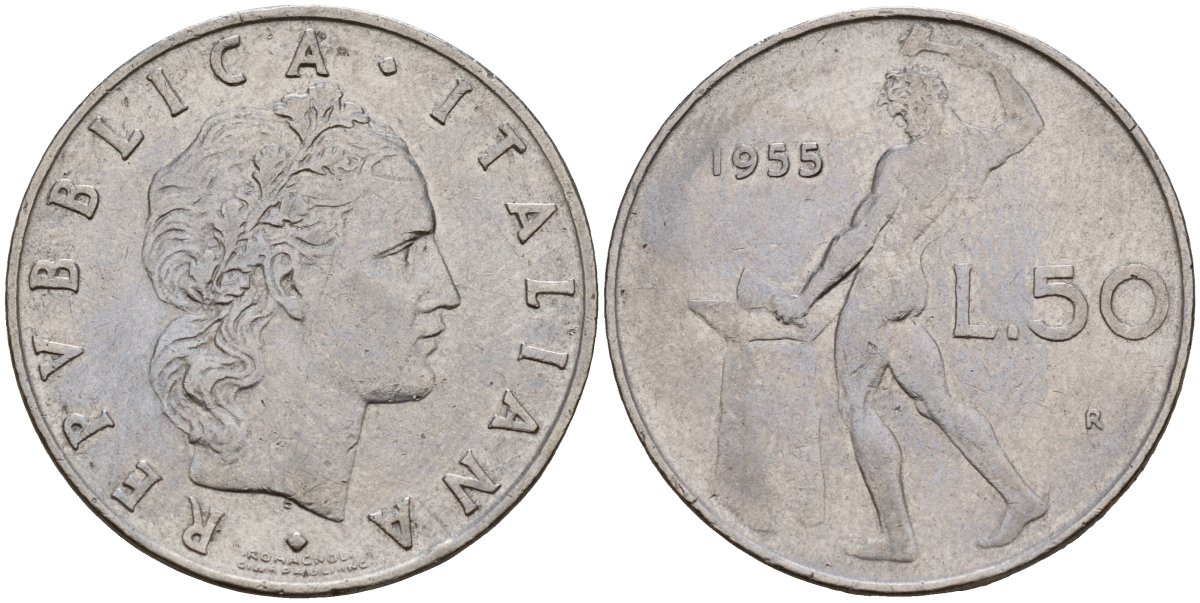 Италия 50 лир 1955 R, бог Вулкан у наковальни KM 95.1 нержавеющая сталь 4150-1243