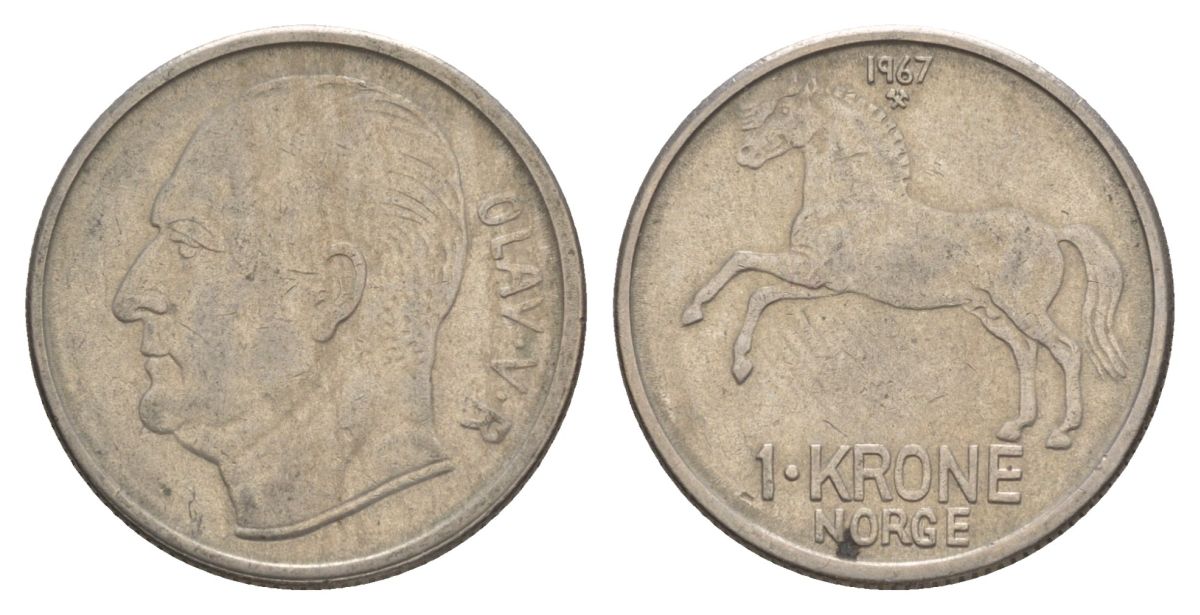 Норвегия 1 крона 1967 Улаф V (1957-1991) KM 409 медно-никель 4635-647