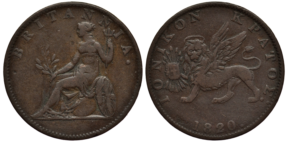 Греция, Ионические острова 2 лепты 1820 Британская администрация (1809-1863) KM 31 медь 1524-1313