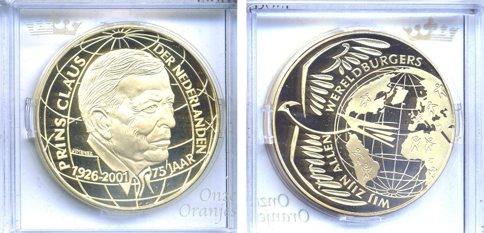 НИДЕРЛАНДЫ МЕДАЛЬ ND 75 ЛЕТ ПРИНЦУ НИДЕРЛАНДОВ КЛАУСУ - МУЖУ КОРОЛЕВЫ БЕАТРИКС (1926-2002) бронза, позолота PROOF 5-3-1-81