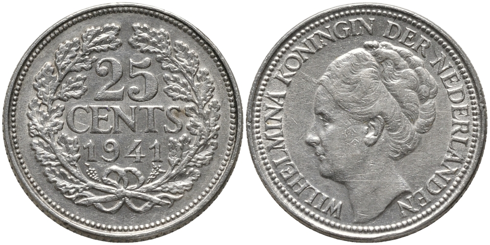 Нидерланды 25 центов 1941 Вильгельмина (1890-1948) KM 164 серебро 4387-929