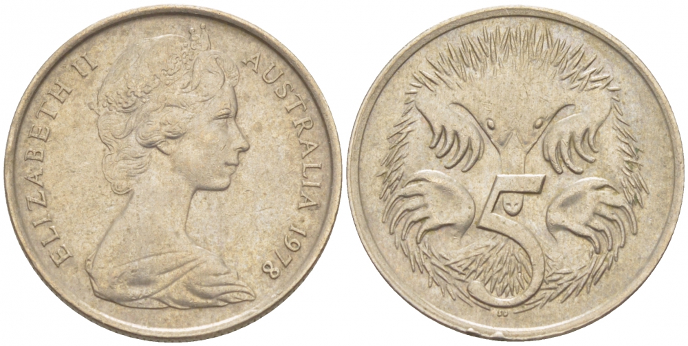 АВСТРАЛИЯ 5 ЦЕНТОВ 1978 ЕЛИЗАВЕТА II, МОЛОДОЙ ПОРТРЕТ, ЕХИДНА KM 64 медно-никель 3851-1129