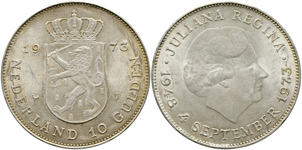 Нидерланды 10 гульденов 1973 25 лет правления королевы Юлианы KM 196 серебро aUNC 441-1523