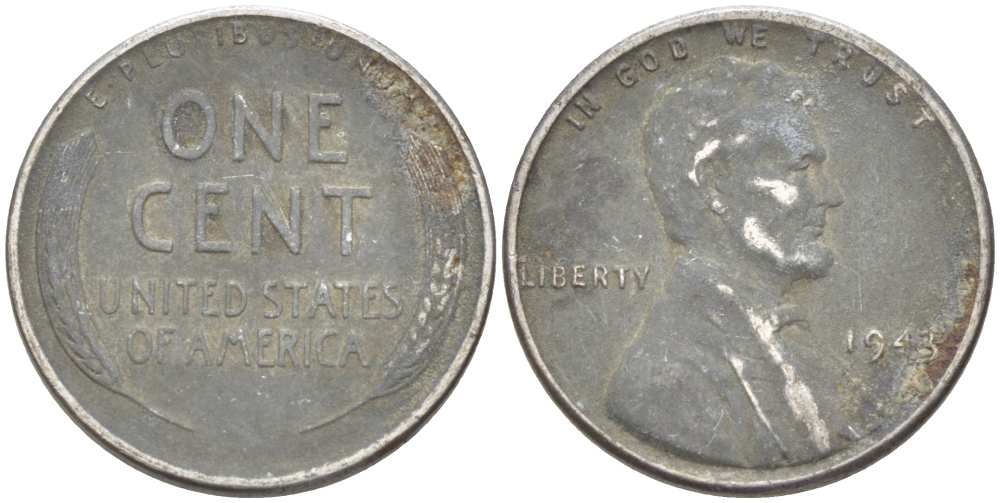 США 1 цент 1943 Авраам Линкольн KM 132а сталь плакированная цинком 3309-458