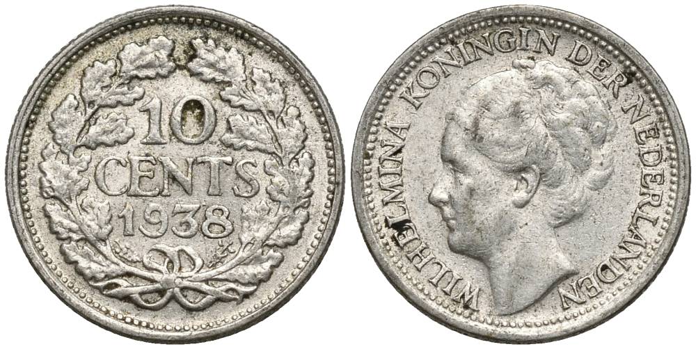 Нидерланды 10 центов 1938 Вильгельмина I (1890-1948) KM 163 серебро 4549-1046