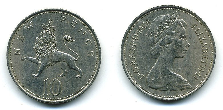 Великобритания 10 пенсов 1968 Елизавета II (1952-2022) KM 912, Spink 4231 (F1) медно-никель  4110-1134
