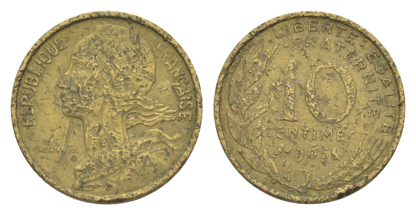 Франция 10 сантимов 1963 тип Марианна KM 929, Le Franc 144.3 алюминиевая бронза 4643-513