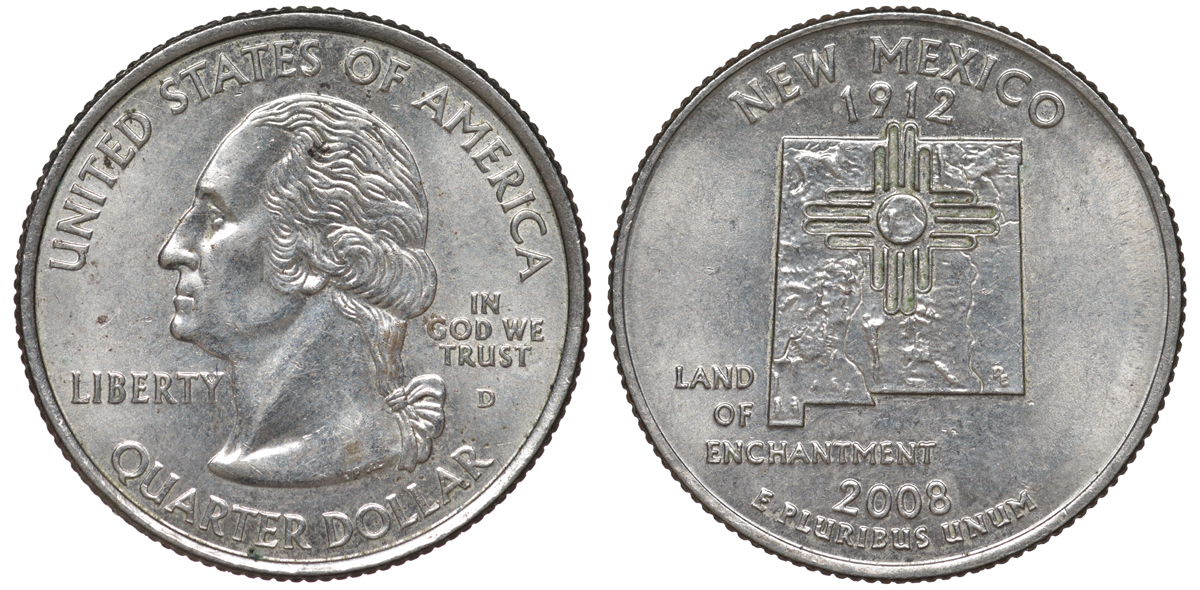 США 25 центов = квотер 2008 D, серия штаты США, Нью-Мексико KM 422 медь плакированная медно-никелем 4525-322