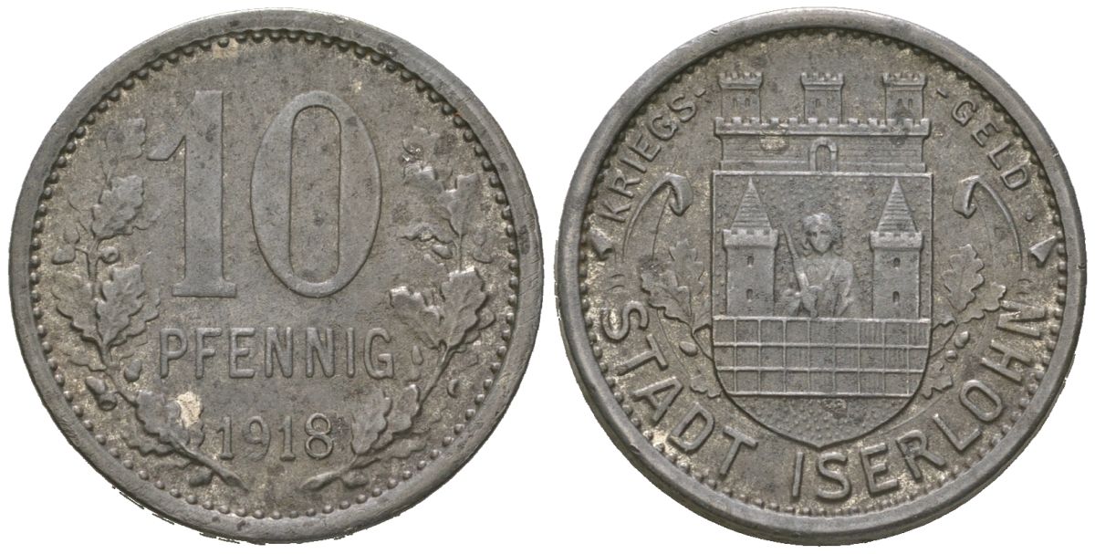 Изерлон (Пруссия, Вестфалия) 10 пфеннингов 1918 Funck 228.8, Men05 12307.15, Men18 15462.15 железо 4586-1033