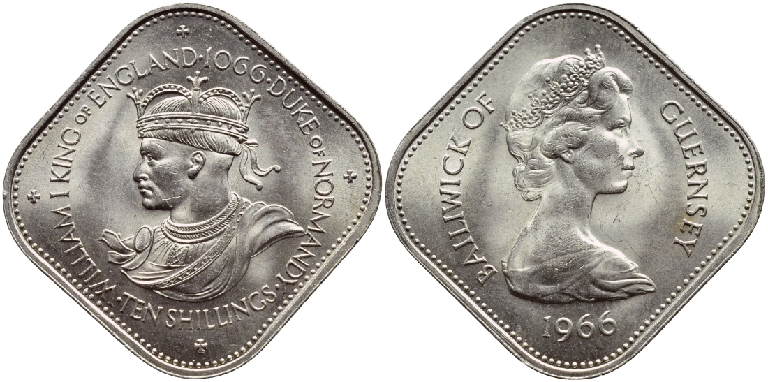 Гернси 10 шиллингов 1966 900 лет Нормандскому завоеванию, ВИЛЛЬЯМ I KM 19 медно-никель UNC 56-214
