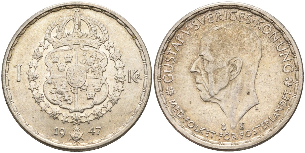 Швеция 1 крона 1947 TS, Густав V (1907-1950) KM 814 серебро 4148-1045