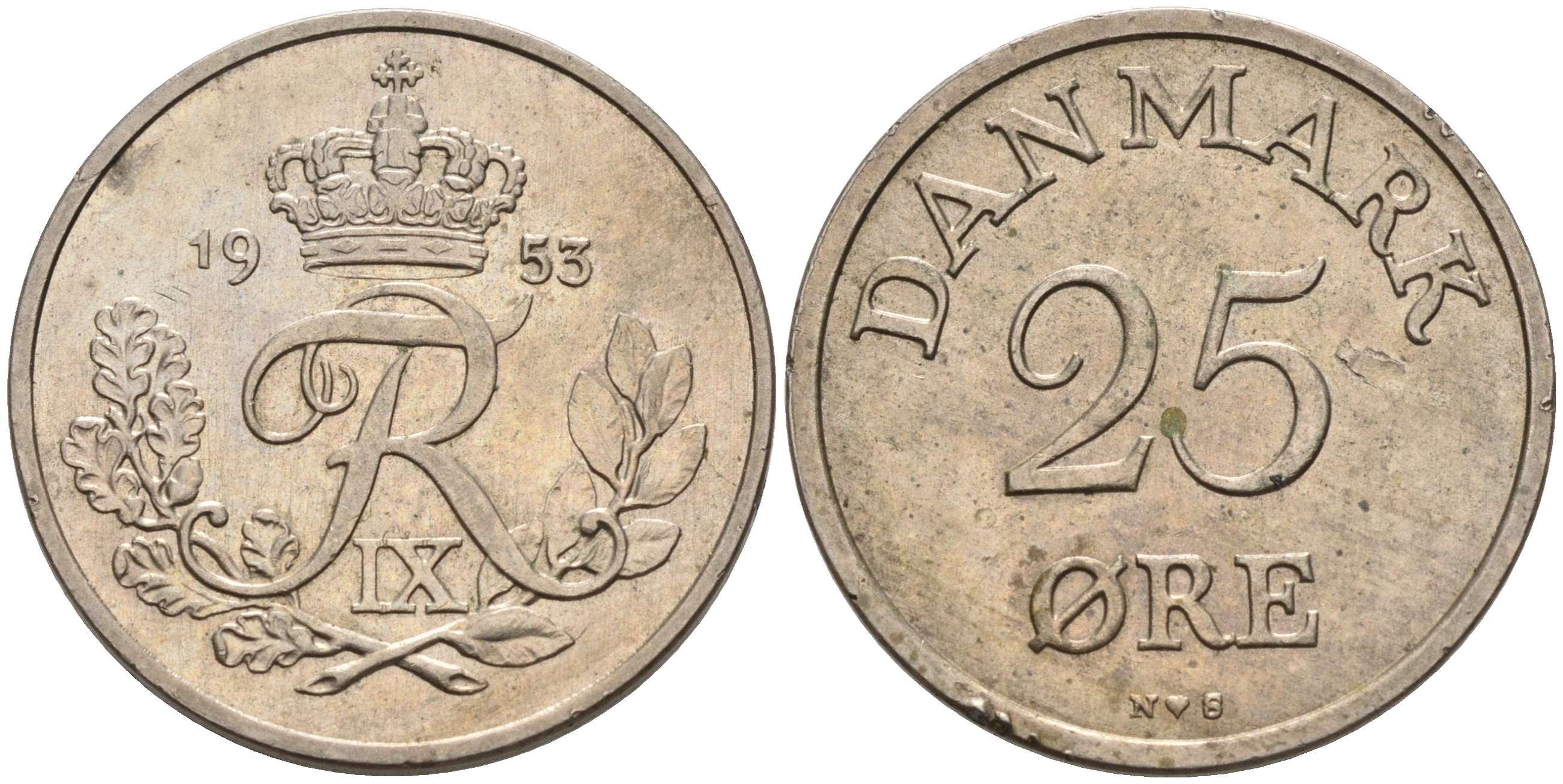Дания 25 эре 1953 N; S, Фредерик IX (1947-1972) KM 842 медно-никель 4566-524