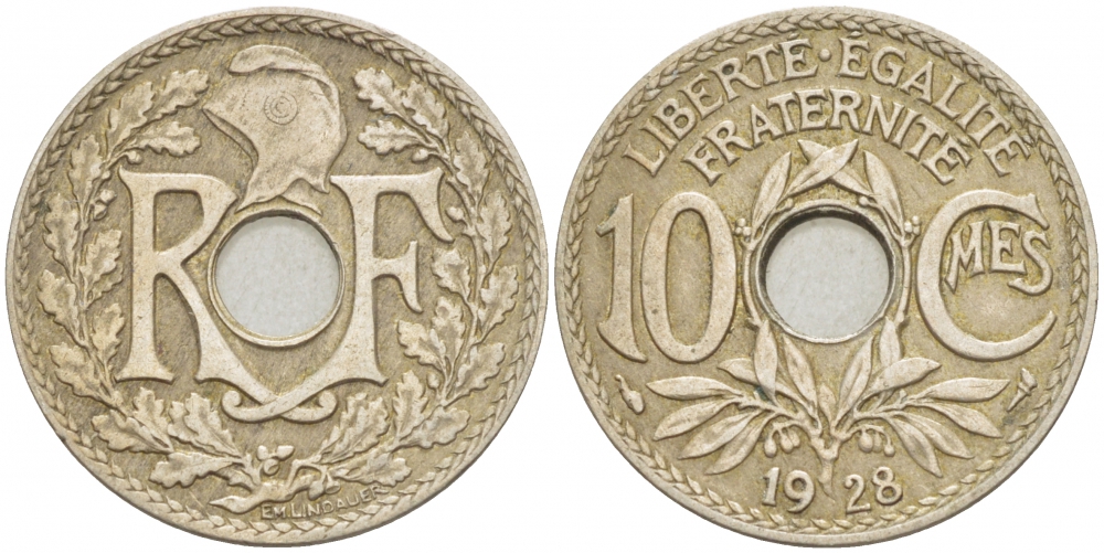 ФРАНЦИЯ 10 САНТИМОВ 1928 ТИП ЛИНДАЙЁ KM 866а медно-никель 4402-754