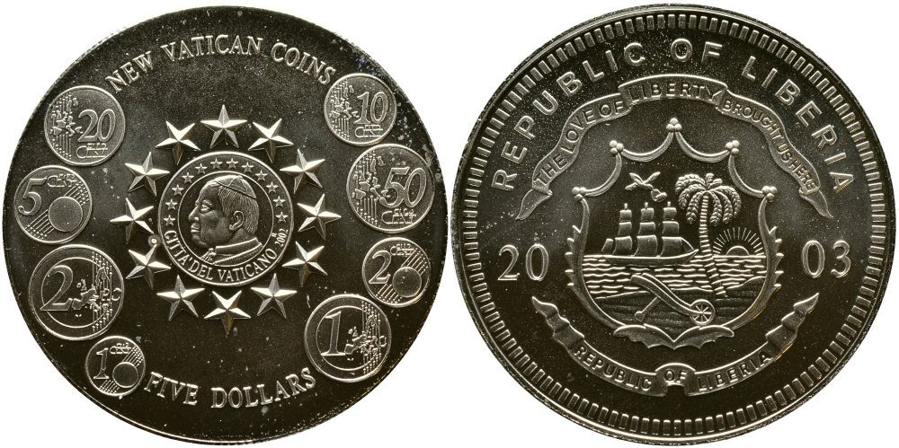 Либерия 5 долларов 2003 новые евромонеты Ватикана KM NEW медно-никель  UNC  1066-4-25