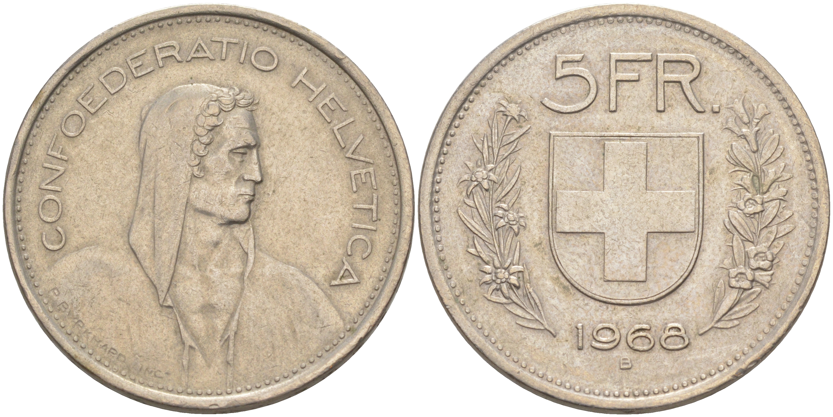 Швейцария 5 франков 1968 В, первый год KM 40а.1 медно-никель 189-213