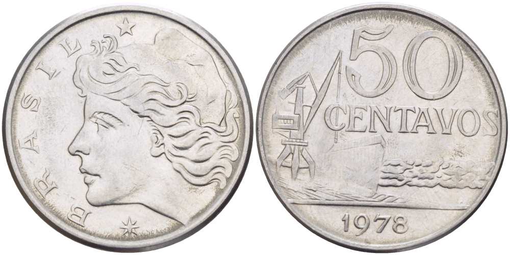 Бразилия 50 сентаво 1978 голова свободы влево KM 580b, Schon 85b нержавеющая сталь 4514-654