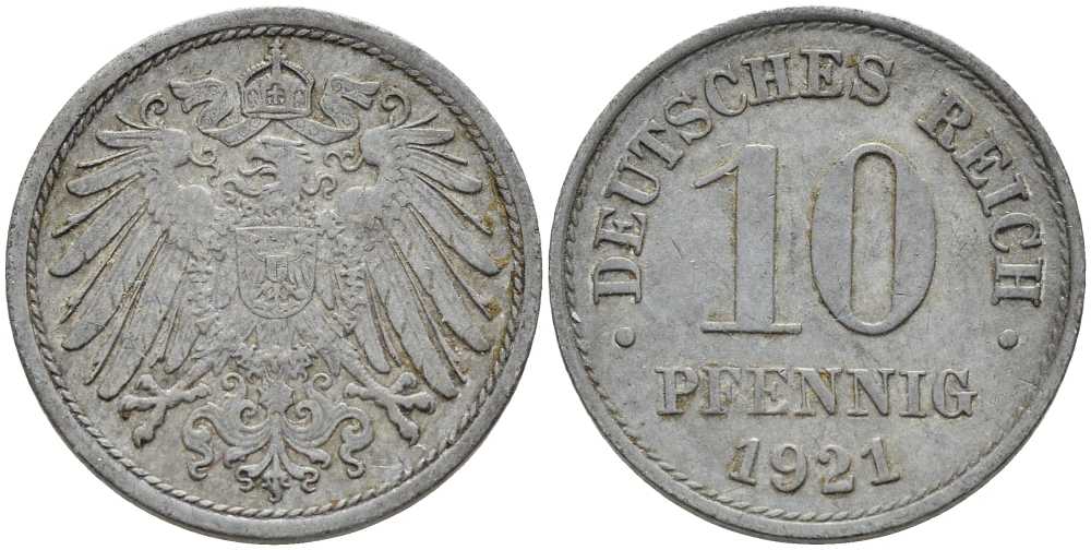 ГЕРМАНИЯ 10 ПФЕННИГОВ 1921 KM 26, J. 299 цинк 4401-156