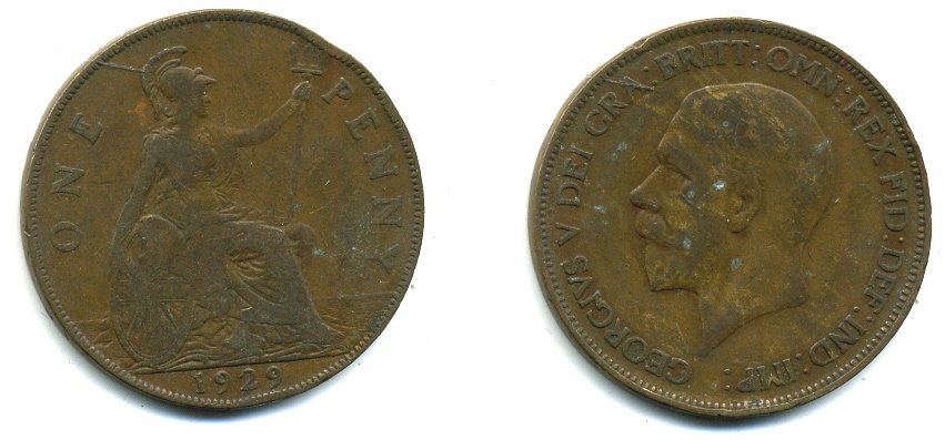 Великобритания 1 пенни 1929 Георг V (1910-1936) KM 838, Spink 4055 бронза 41-956