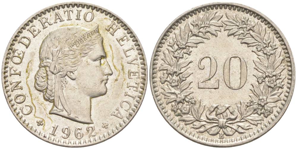 Швейцария 20 раппенов 1962 В KM 29a медно-никель 55-816