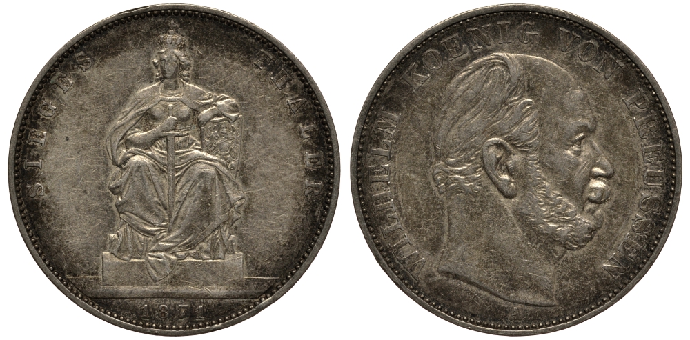 Пруссия 1 талер 1871 A, Вильгельм I (1861-1888), победа над Францией КМ 500, AKS 118, Th. 272 серебро 3711-312