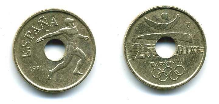 ИСПАНИЯ 25 ПЕСЕТ 1991 ОЛИМПИЙСКИЕ ИГРЫ В БАРСЕЛОНЕ 1992 ГОДА, ДИСКОБОЛ, ХУАН КАРЛОС I (1975-) KM 850 никель бронза 51-5213