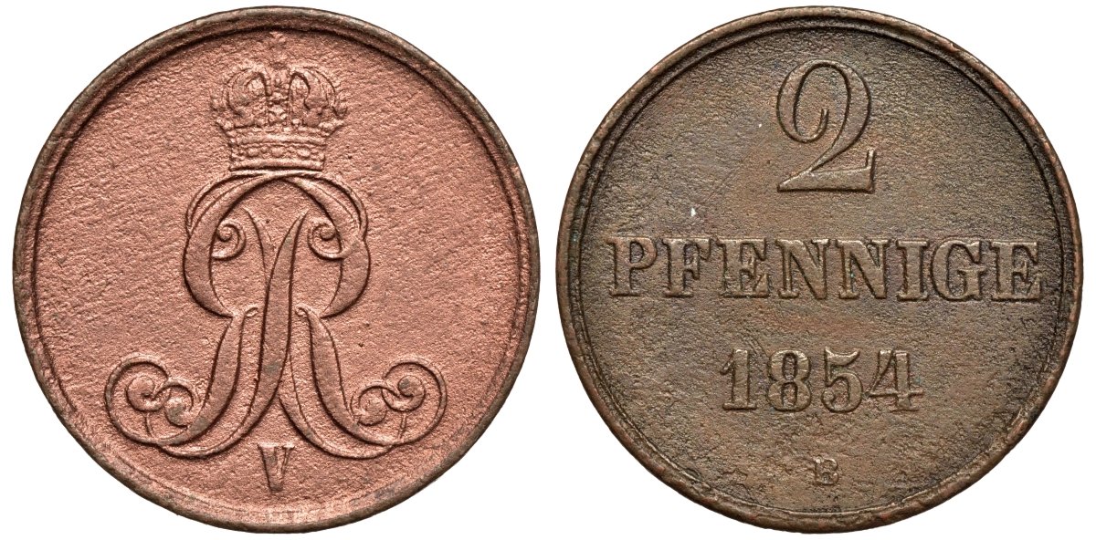Брауншвейг-Каленберг-Ганновер 2 пфеннига 1854 B, Георг V (1851-1866) KM 217,aKS 152, J. 84 медь 4142-132