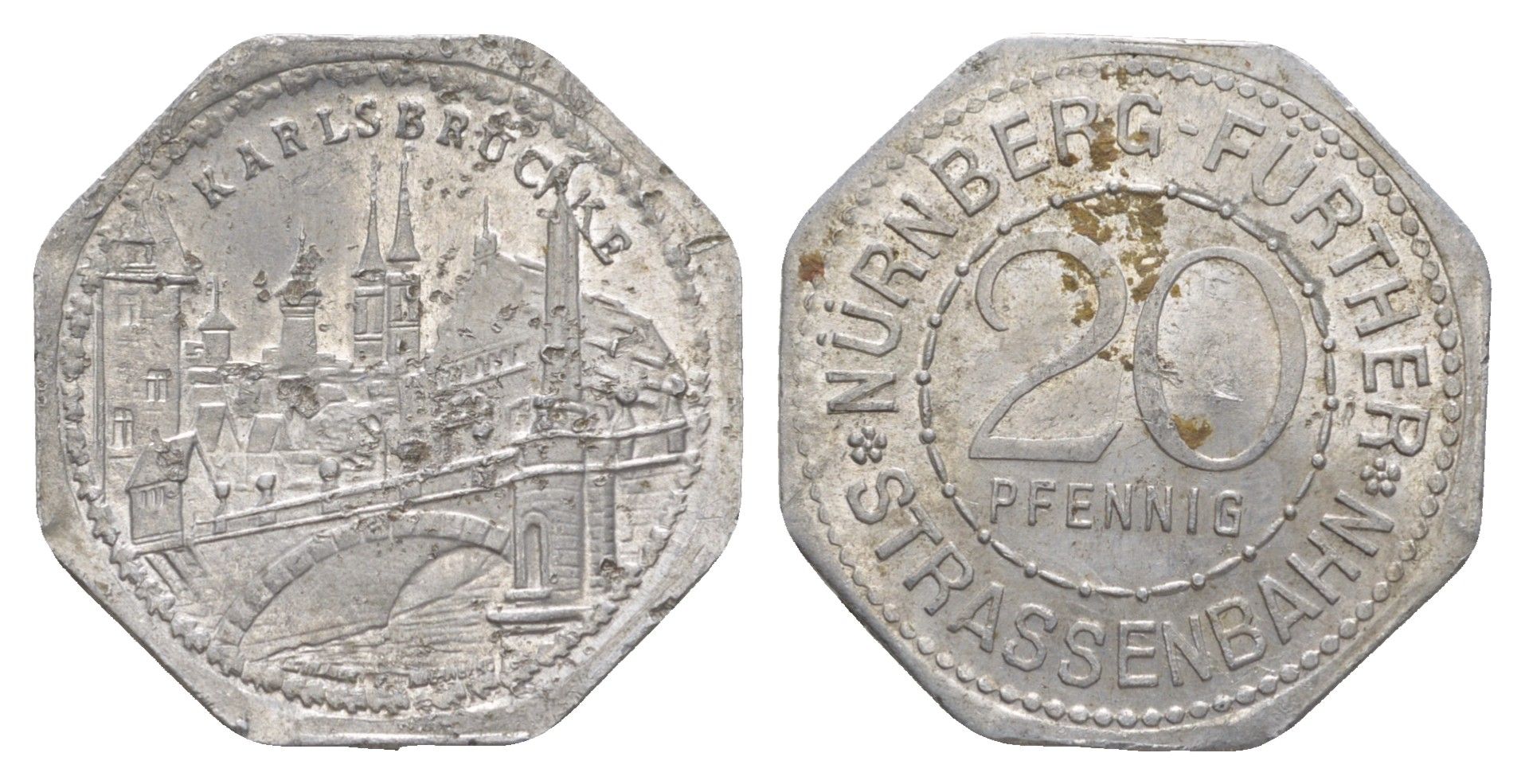 Нюрнберг трамвайный (транспортный) жетон в 20 пфеннигов ND (1920-1921) Карлов мост Men05 19256.19, Men18 24102.19 алюминий 4638-255