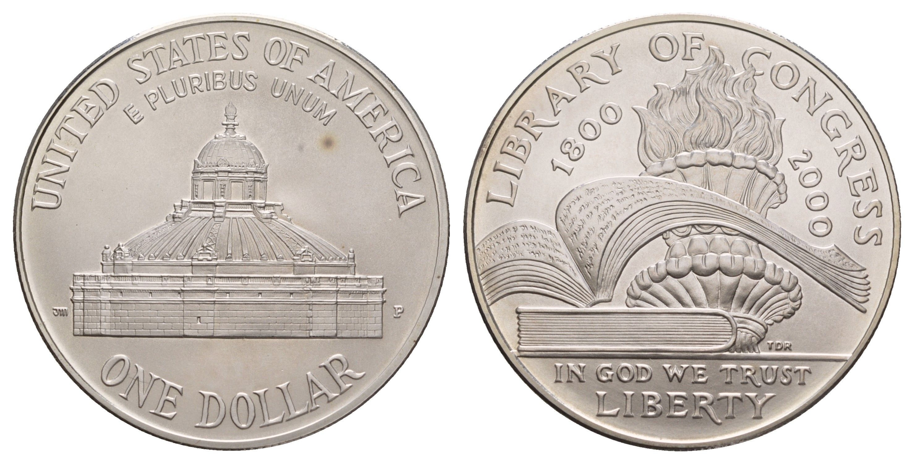 США 1 доллар 2000 P, 200 лет Библиотеке Конгресса KM 311 серебро BU 11-267-41