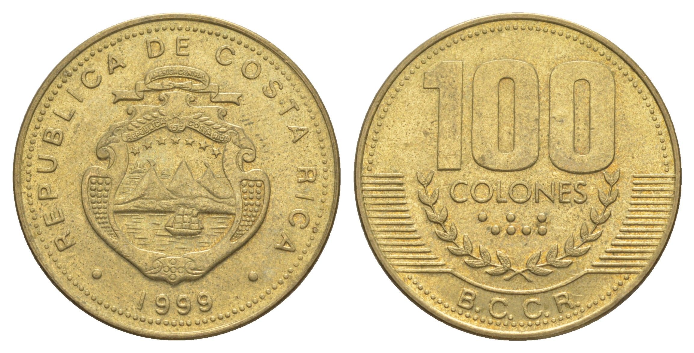 Коста-Рика 100 колонов 1999 KM 230a.1 алюминиевая бронза 4631-333
